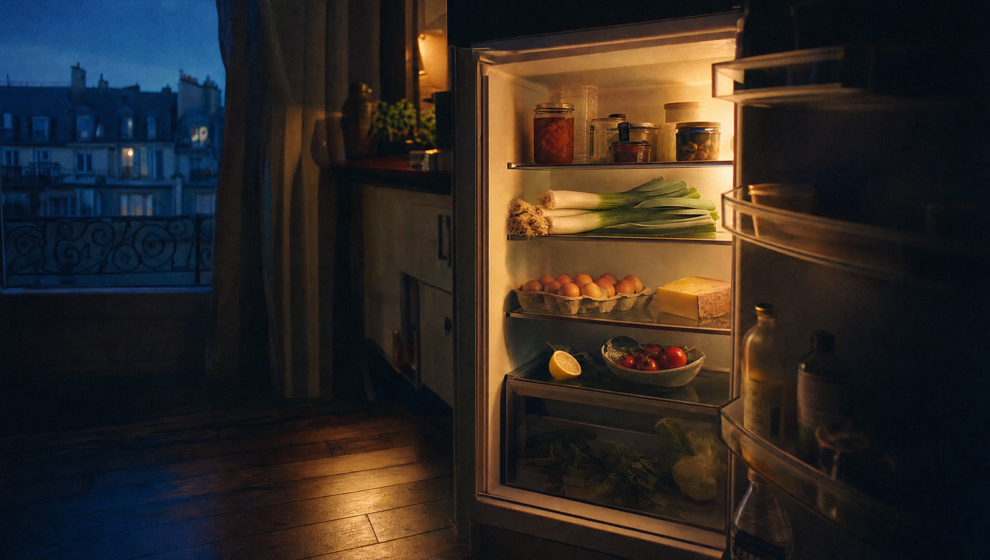 An open fridge at night, leeks and eggs on the shelf