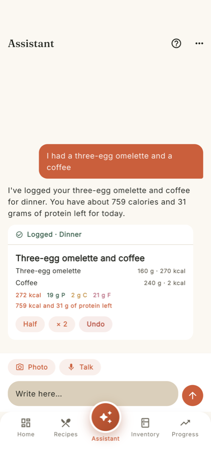 A meal logged, with calories, macros and what is left