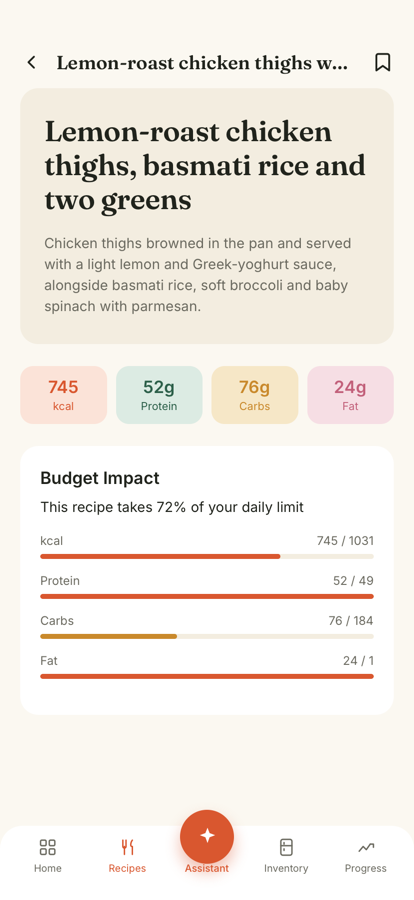A recipe with its macros and the share of the day it takes